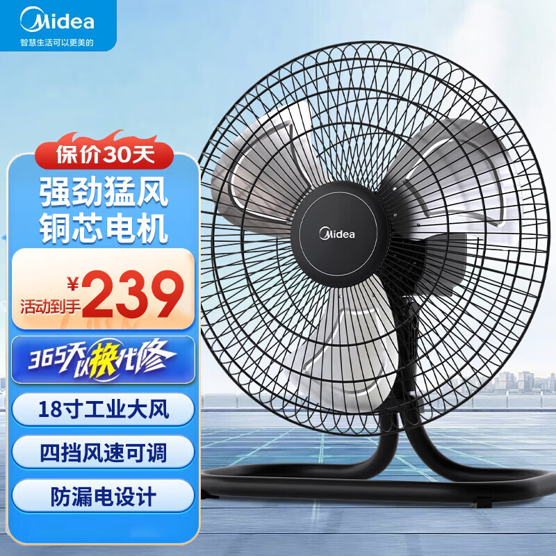 美的趴地扇大功率工业风扇18吋金属扇叶家用台式电风扇坐地爬地扇工厂商用金属扇换气扇大风力四档可调 强劲大风力纯铜电机FS45-23B