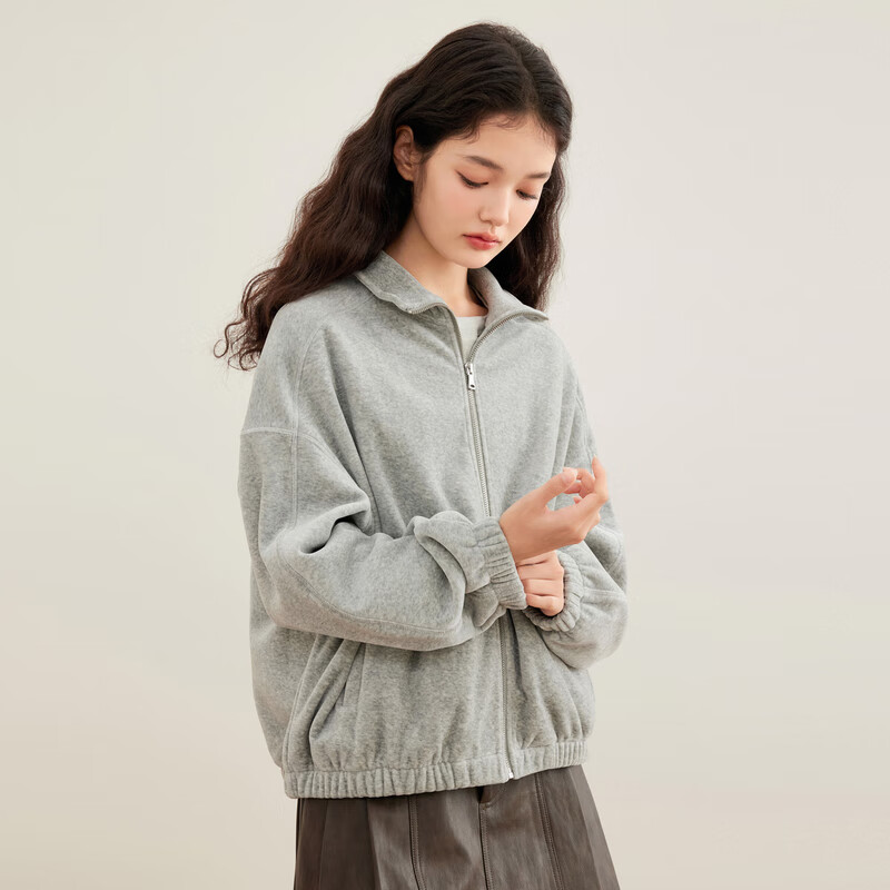 乐町复合针织拉链卫衣外套绣花开衫 珍珠灰(现货) S