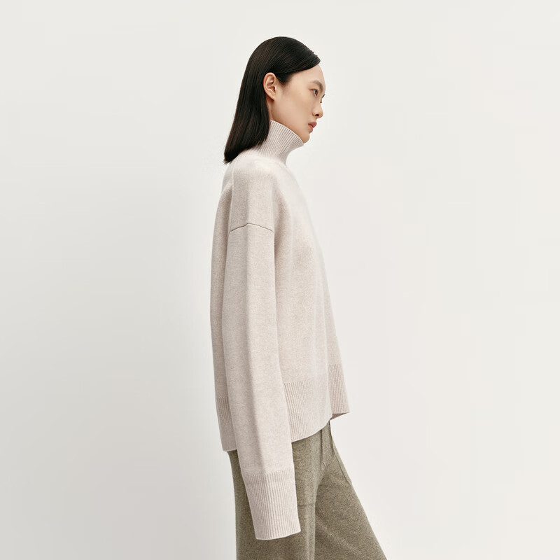 OVV秋冬热卖女装优雅时髦松弛长袖可翻折高领羊绒衫 燕麦色 M
