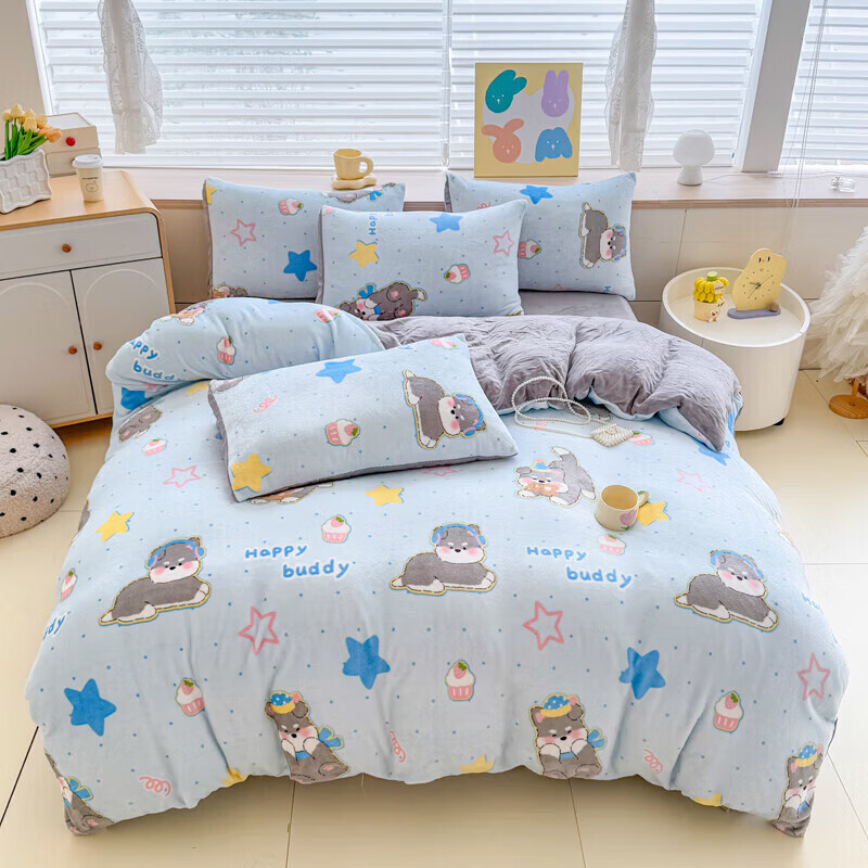 软贝小清新牛奶绒床上四件套保暖毛绒床单被套学生宿舍秋冬款三件套 布丁狗 床单款 2.0m  被套200*230cm 四件套