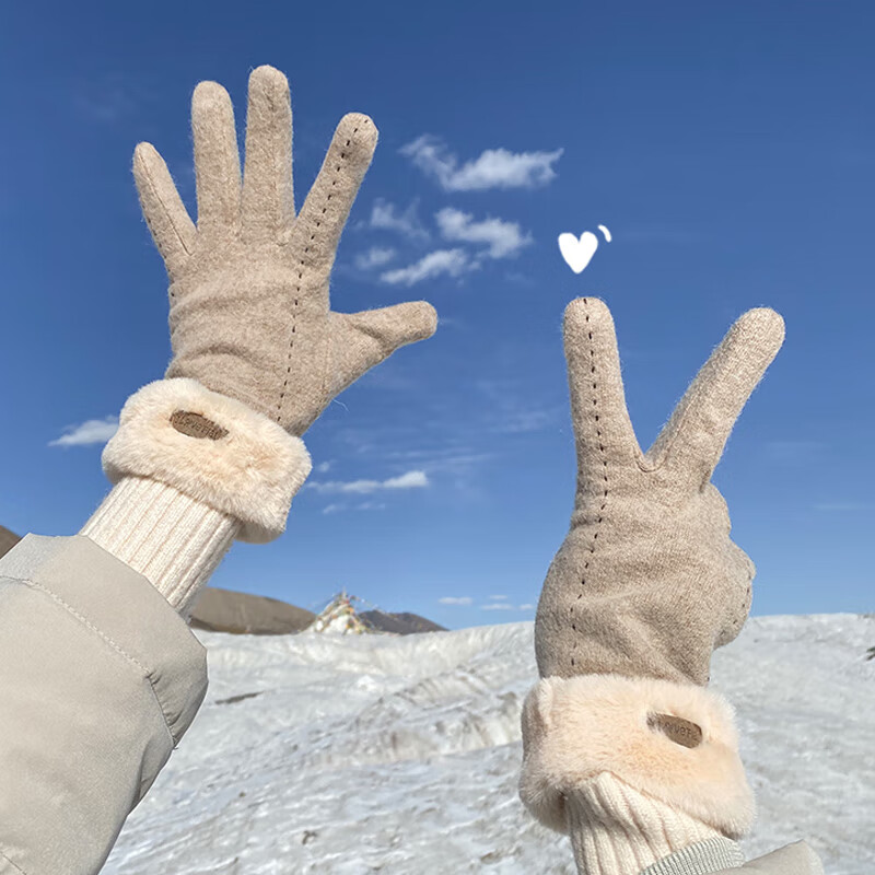 目丸保暖手套女士冬季骑行防寒骑车触屏防风加绒针织秋冬天棉手套可爱 卡其色 默认1