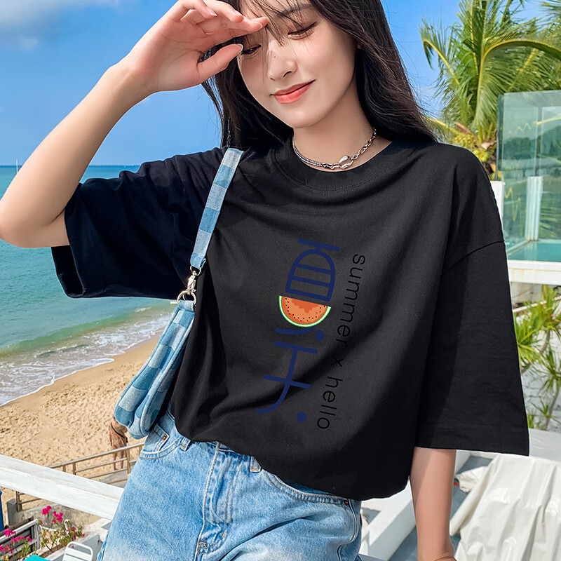 王熙麦纯棉白色短袖t恤女宽松型夏季新款运动风休闲女士半袖上衣 黑色