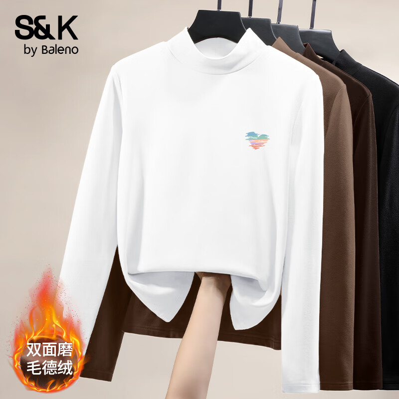 班尼路S&amp;K系列打底衫女装秋冬季新款半高领加绒保暖修身上衣服百搭长袖4 白#幸运爱心K 【加绒保暖】 L