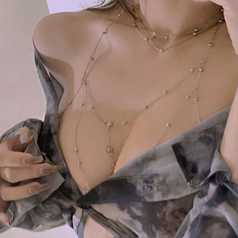 NLNL项链女胸链身体链欧美bodychain性感比基尼bikini立体后背链露背 银色
