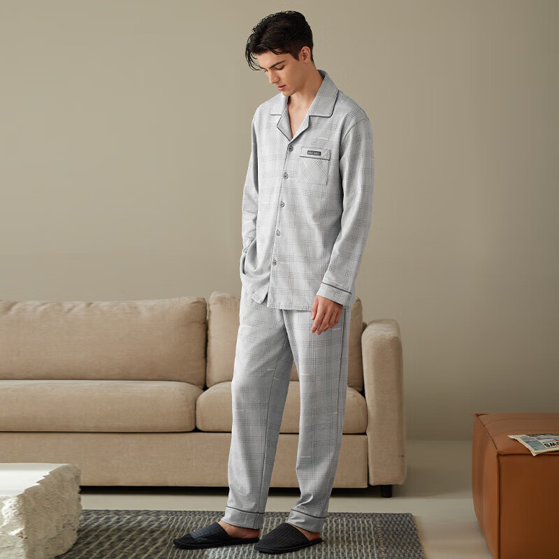 芬腾睡衣男士春秋季长袖纯棉套装青年男款大码休闲格子开衫家居服 FJ25931454银灰 185(3XL) 【建议体重186-206斤】
