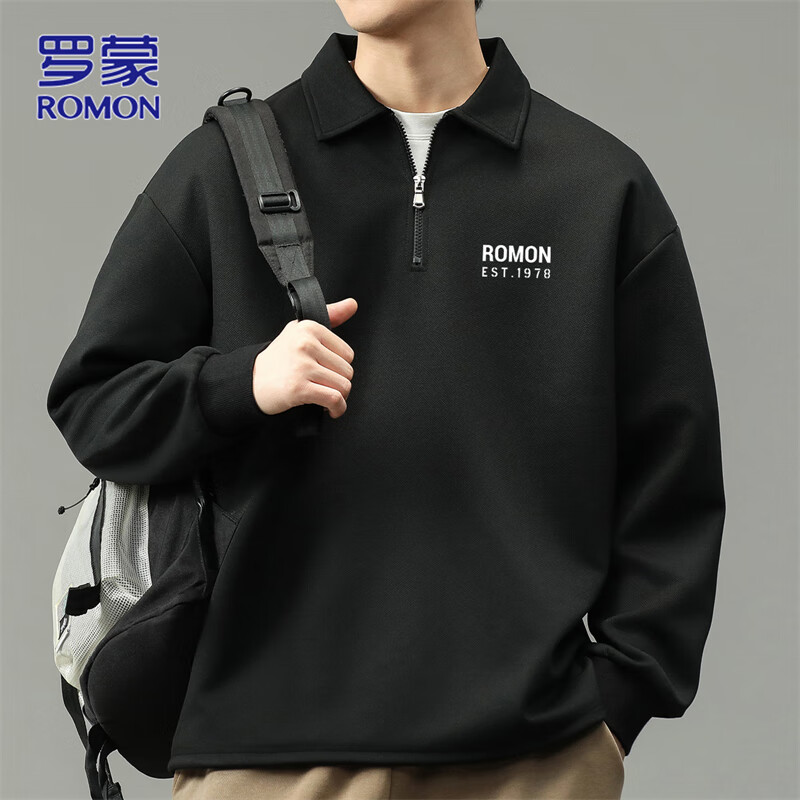 罗蒙（ROMON）长袖t恤男士POLO打底衫春秋季宽松纯色外套男装卫衣服黑色XL