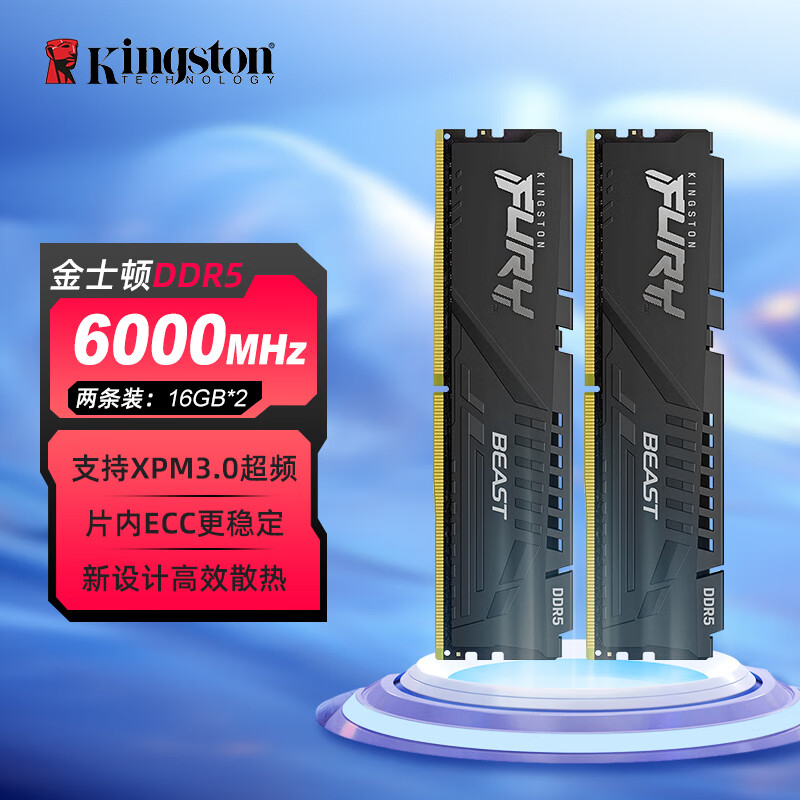 金士顿（Kingston） FURY DDR5 台式机内存条 Beast野兽系列  骇客神条 BEAST-6000-32G (16G*2)