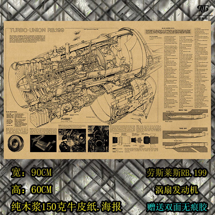 rb199涡轮风扇喷气发动机剖面图理工书房办公室墙贴工业航空海的