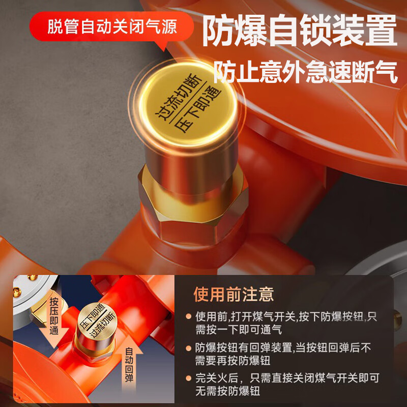 炬神火 液化气减压阀煤气罐家用阀门新国标热水器低压燃气防爆管安全阀 【1.2大流量-带表】生产许可丨安全防爆丨带插头 【漏气自锁】国标标准生产许可