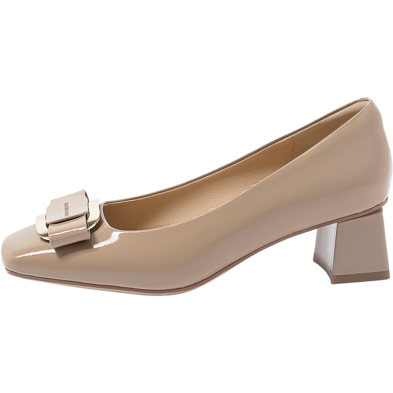 康莉牛漆皮高跟鞋女秋新款時尚優(yōu)雅粗跟蝴蝶結通勤百搭工作鞋單鞋 粉杏色 37