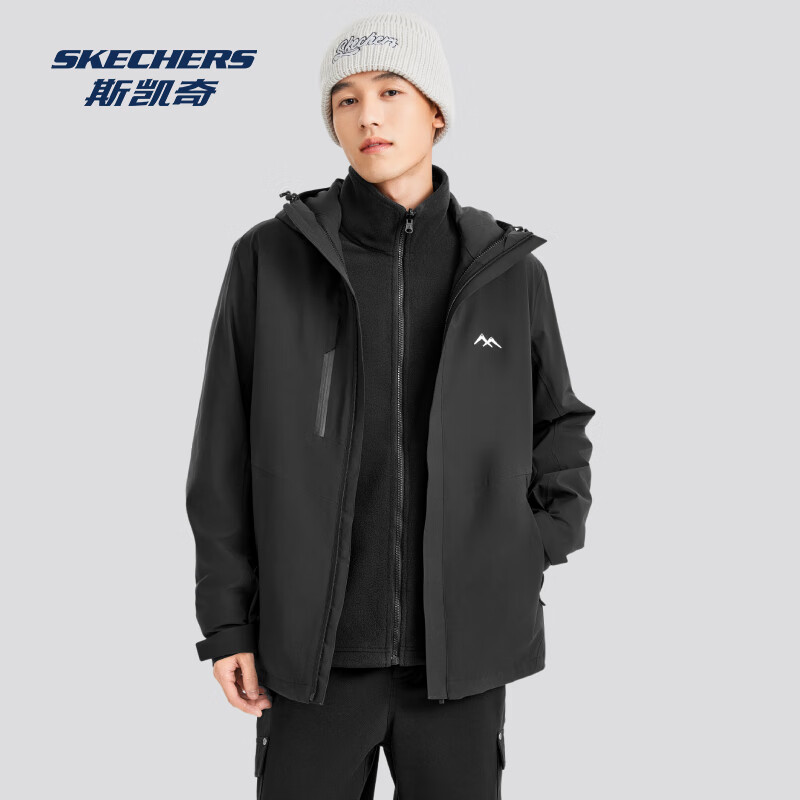 斯凯奇（Skechers）魔方系列丨户外冲锋衣男女同款三合一防风防水登山服外套摇粒绒衣 男款-荒野黑/0018 S