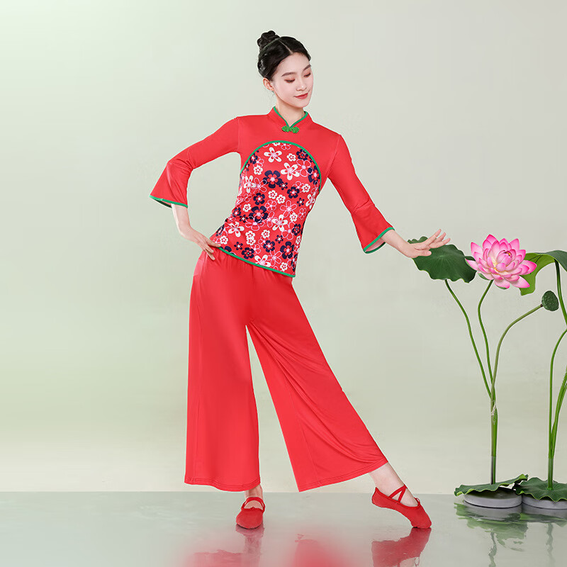 演出服女2024新款中老年打鼓舞蹈服装民族风广场舞跳舞套装 红衣 红裤