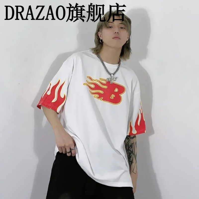 drazao美式高街火焰字母印花短袖t恤男夏季设计感宽松上衣 白色【230
