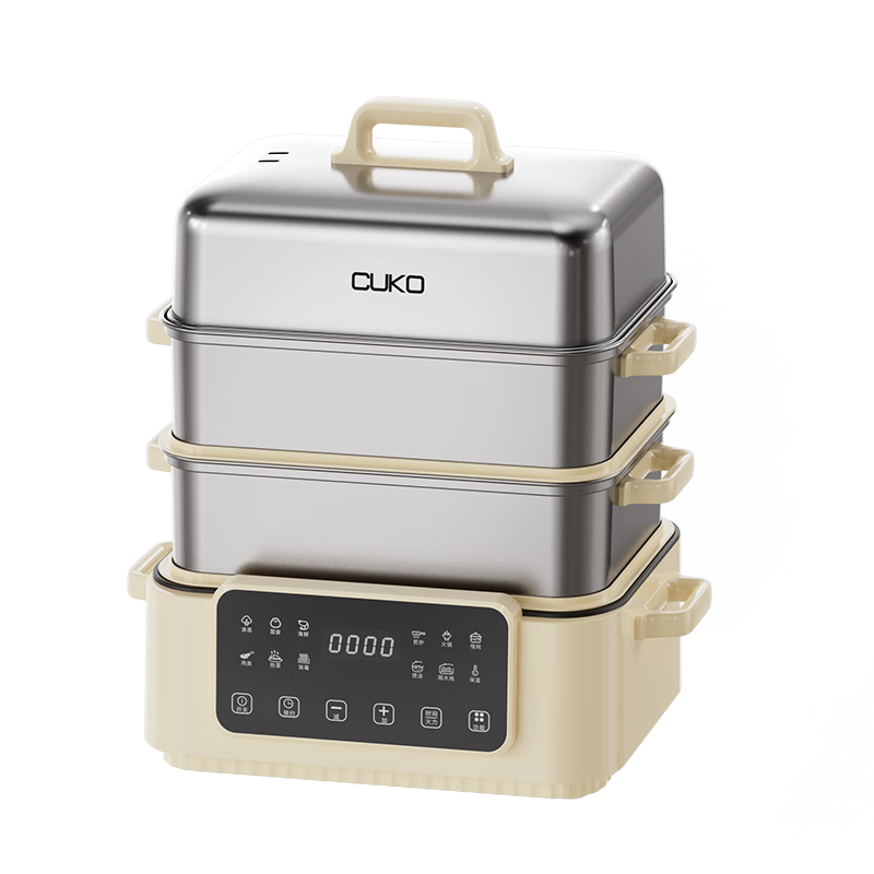 CUKO英国电蒸锅电煮锅电火锅多功能锅家用电锅蒸包子锅电热锅大容量17升多用途锅 23L【米白色三层电蒸锅】
