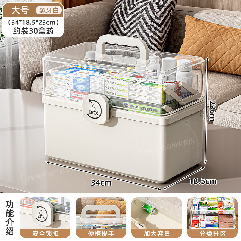 WCZ德国家用药箱医药箱家庭大容量药物收纳盒透明分层大号药品箱 象牙白大号