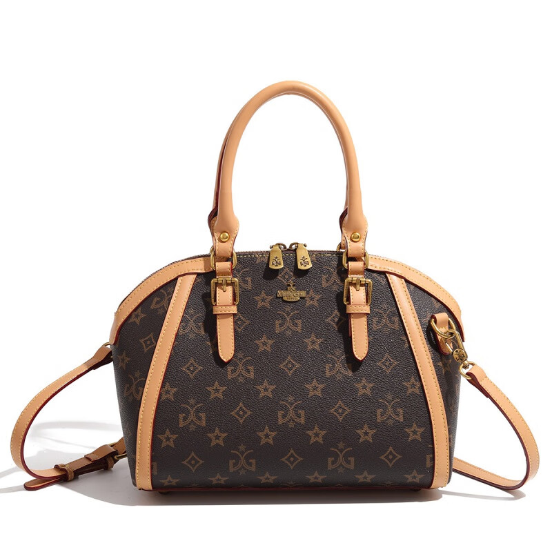 酷奇袋鼠复古老花贝壳包大容量手提包通勤女士包包2024新款时尚单肩斜挎包 复古棕