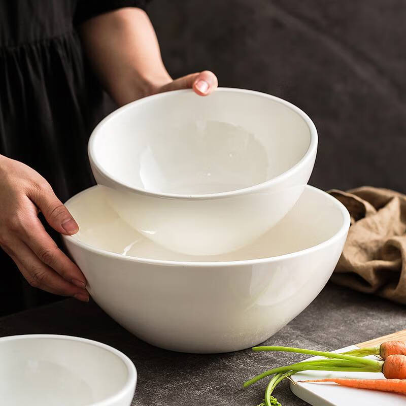 楚如超大盆碗蛋型白瓷汤碗炖鸡装汤陶瓷沙拉水煮酸菜鱼拉面凉菜碗 8.3英寸厚唇沙拉碗_1300ml