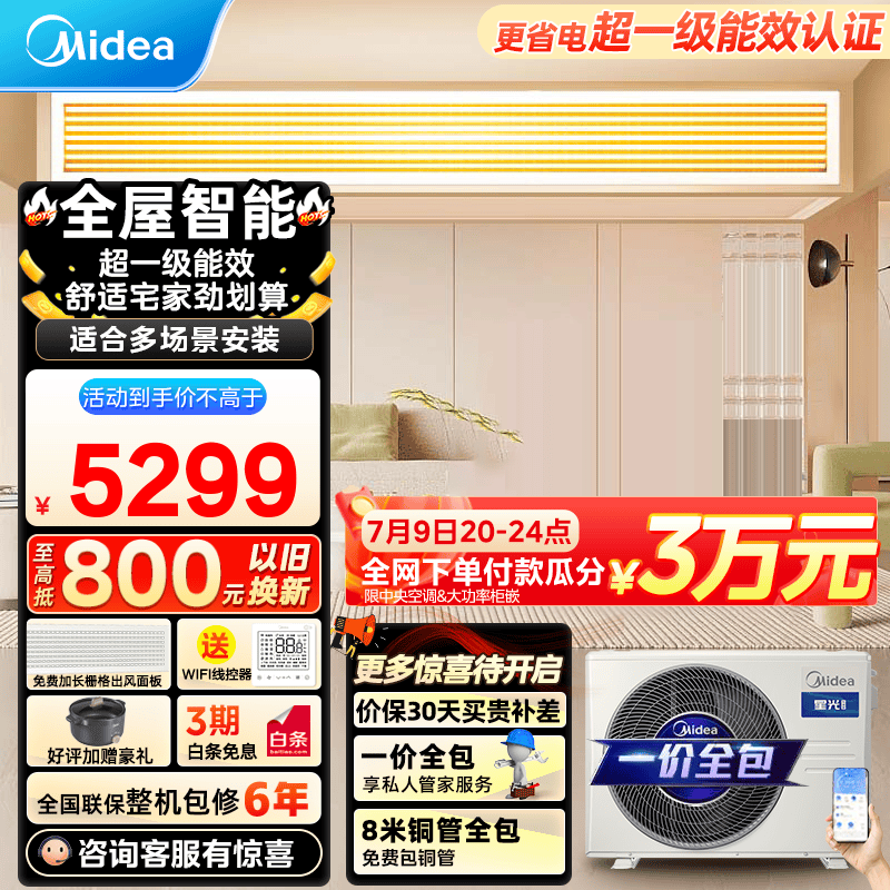 美的（Midea）星光科技版3匹风管机一级能效中央空调一拖一全屋智联 嵌入式空调直流变频 1.5匹 一级能效 科技版 (15-23㎡）