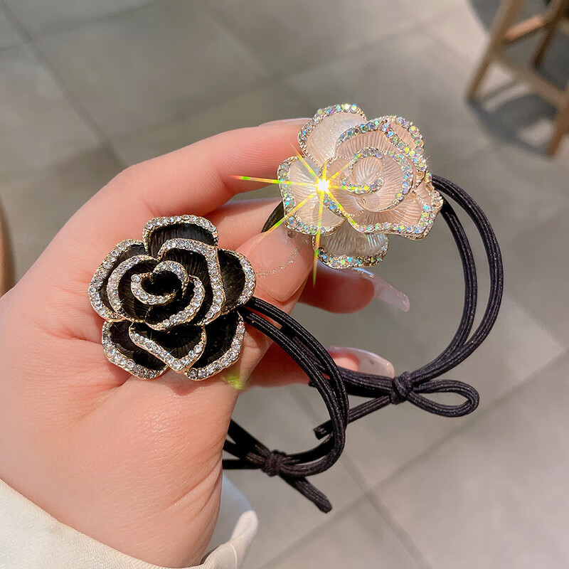 韩国气质玫瑰花朵皮筋扣发圈高弹力扎头发绳皮筋盘发饰 黑色