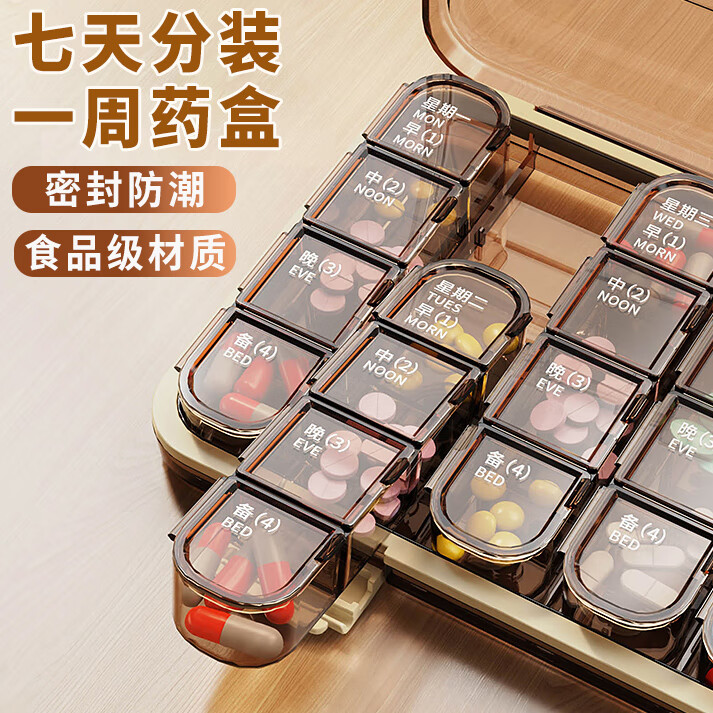 金隆兴药盒分装盒28格药片一周七天一日三餐吃药提醒分药器老人随身便携