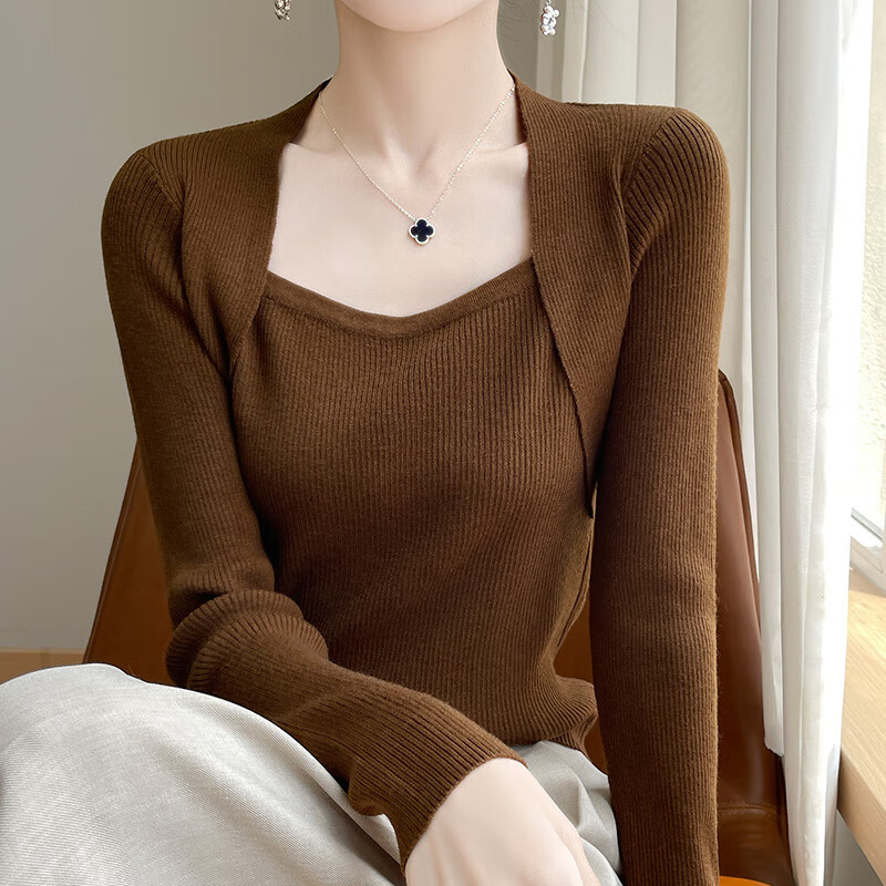 香影芬假两件针织打底衫女2025秋季设计感洋气毛衣秋冬内搭修身显瘦上衣 黑色 XL (建议115-125斤)