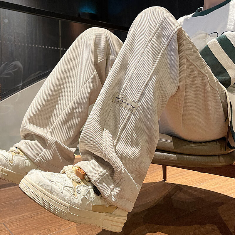 即势华夫格卫裤子男秋冬季新款潮流百搭青少年加绒宽松阔腿直筒休闲裤 杏色K181-LPHGCD【常规】 XL 【建议110-130斤】