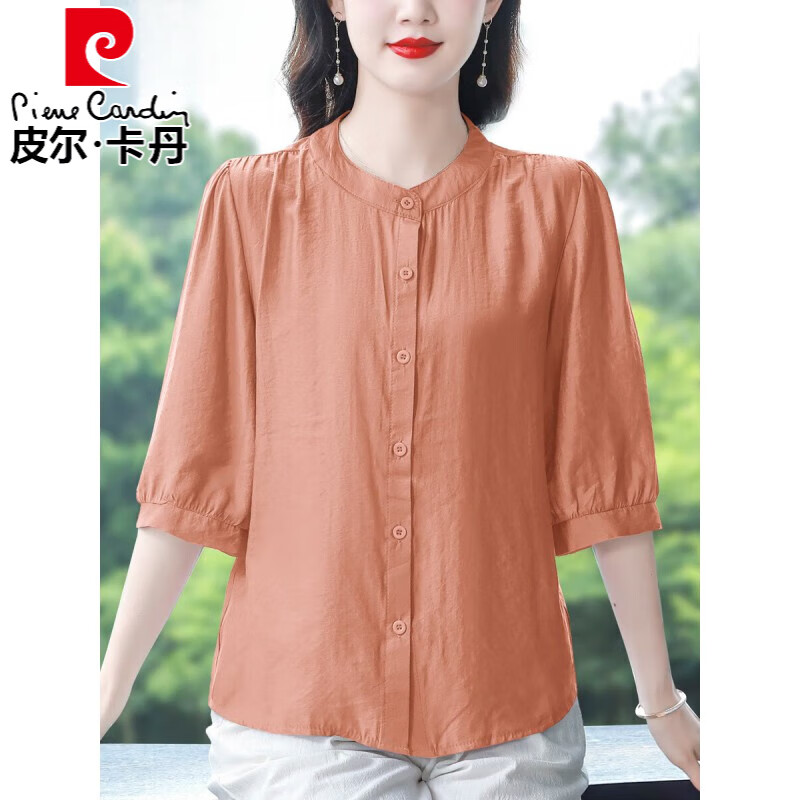 皮爾卡丹（pierre cardin）亞麻上衣女高端棉麻半袖襯衫夏季2025新款女士襯衣寬松遮肚子小衫 橘色 XL 【115-125斤】