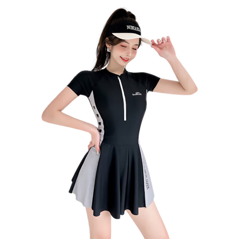 梵迪拉（F.DYRAA）泳衣女連體裙游泳衣學(xué)生保守顯瘦遮肚運(yùn)動(dòng)泳衣三件套13008黑色XL