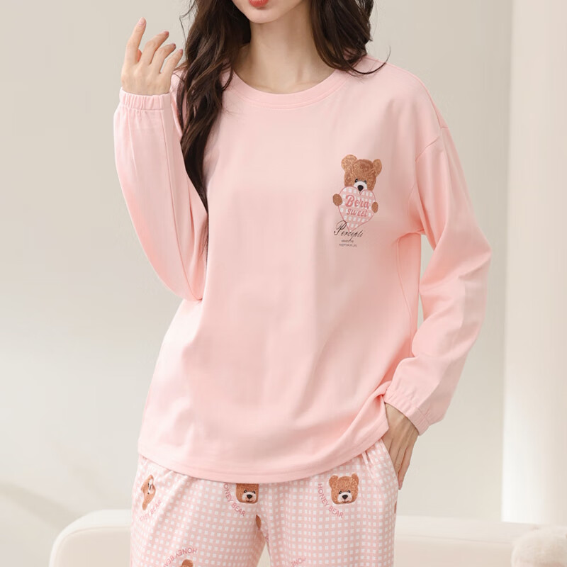 芬腾睡衣女春秋季纯棉长袖套头套装格子宽松休闲全棉加大码家居服 粉色 M 建议:90-110斤