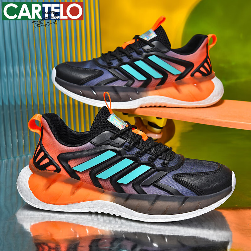 卡帝乐鳄鱼男鞋春夏透气超轻男士休闲鞋百搭减震跑步网面鞋薄款青少年运动鞋 黑桔[透气款]QH3359 40