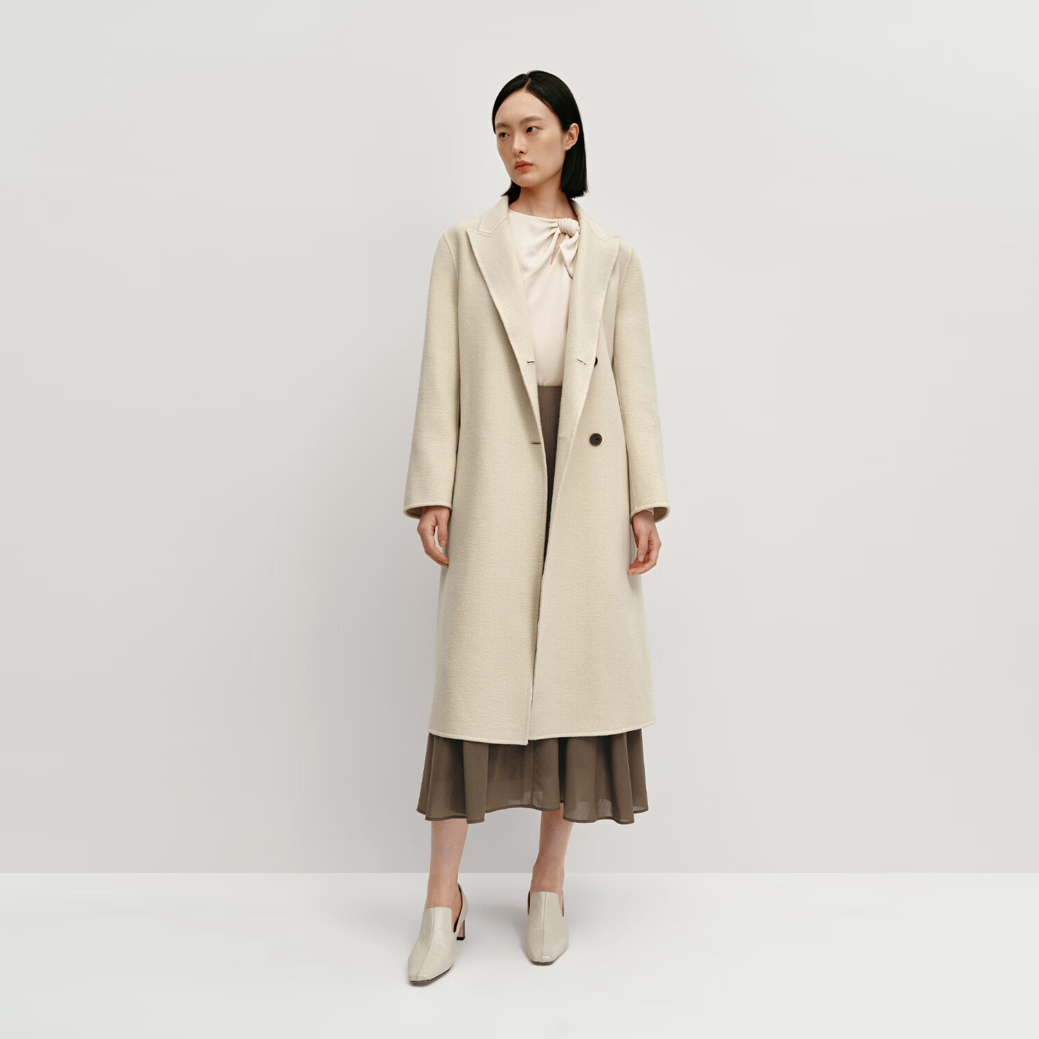 OVV秋冬热卖女装戗驳领休闲通勤保暖羊毛双面呢大衣 燕麦色 XS