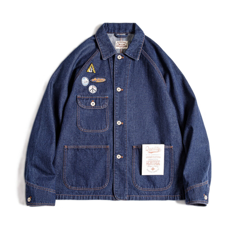 馬登（Maden）工裝美式復(fù)古刺繡徽章牛仔夾克重磅水洗翻領(lǐng)休閑外套男秋冬季 牛仔藍(lán) S