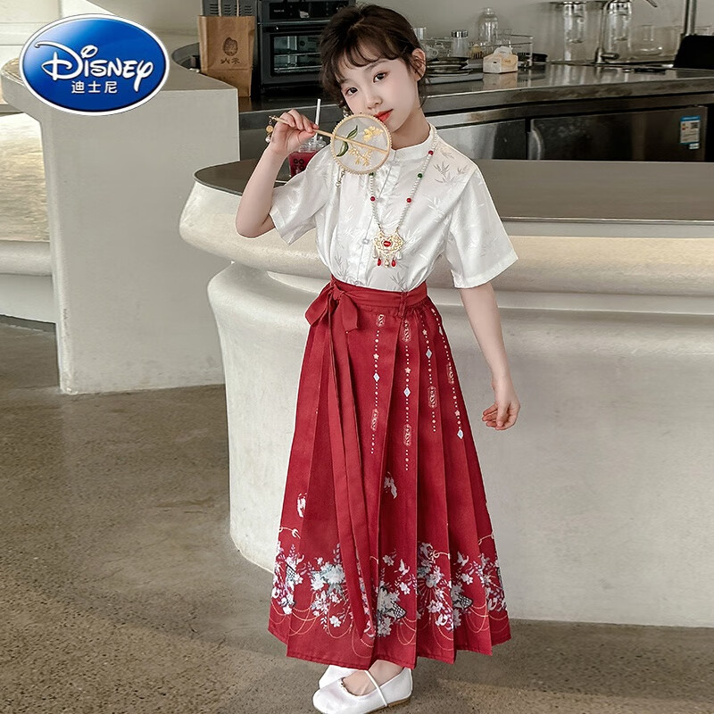 迪士尼（Disney）夏日马面裙穿搭女童套装中国风日常汉服古风夏季短袖薄款唐装半袖 竹叶短袖衬衫 150