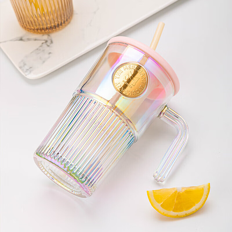 乐唯诗（LOVWISH）ins风大容量带盖带吸管竖条纹玻璃杯高颜值冷饮杯果汁咖啡杯水杯 乐美吸管杯【琥珀】530ml1只