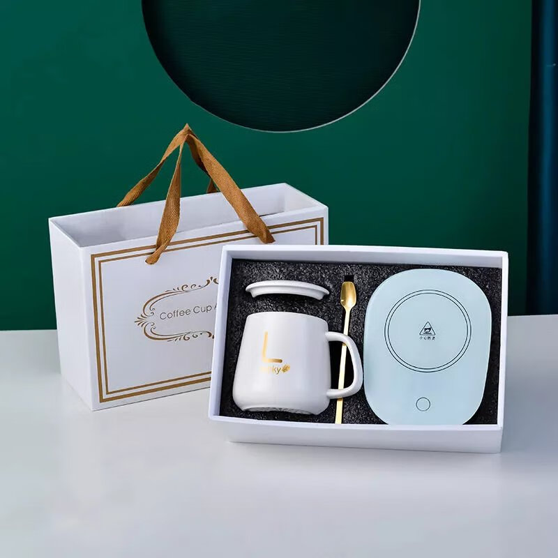 杯55°C度陶瓷马克杯带盖勺保温水杯家用办公暖暖杯牛奶咖啡杯 白色杯+垫+礼盒 京东折扣/优惠券