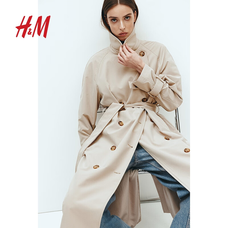 H&M女装风衣2024春季新款舒适双排扣平驳领及踝长袖外套1115204 米色006 155/80A怎么样,好用不?
