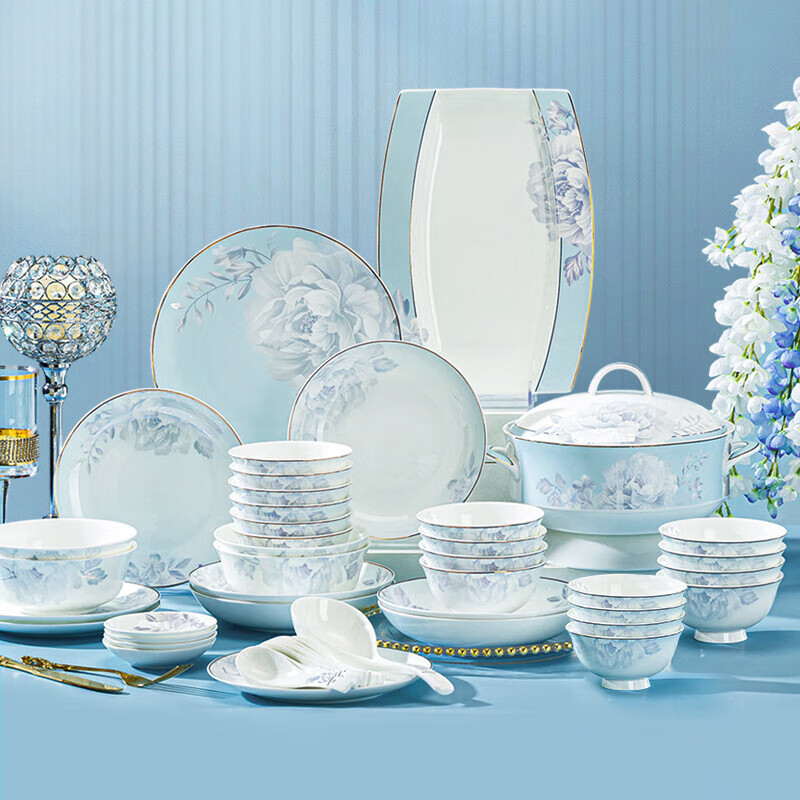 洛威景德镇陶瓷碗碟套装家用轻奢碗筷碗盘组合餐具白月光66件实用配置