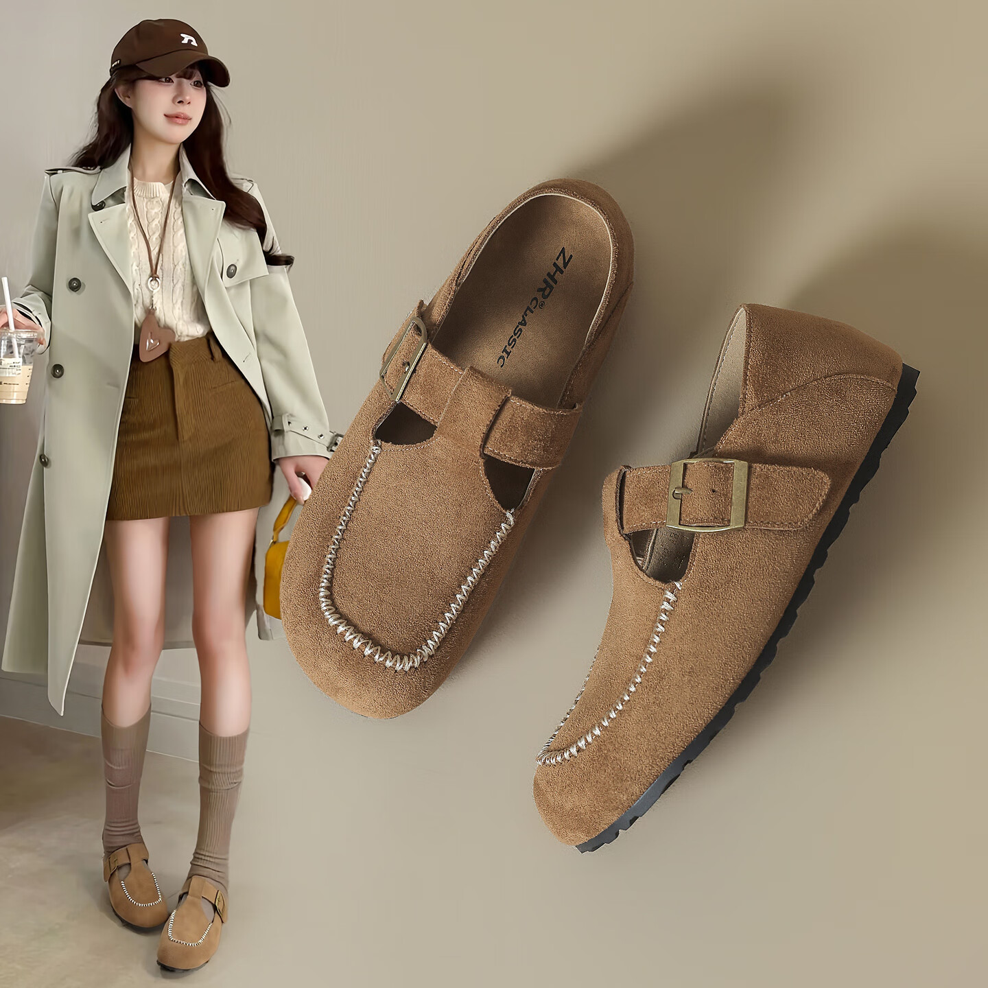 ZHR全包勃肯鞋女新款复古棕色真皮软底单鞋一脚蹬懒人两穿乐福鞋女鞋 驼色 37