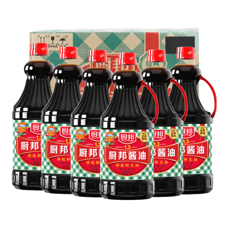 廚邦醬油特級鮮生抽 180天釀造頭道醬油調料 1.25L*6瓶（整箱）