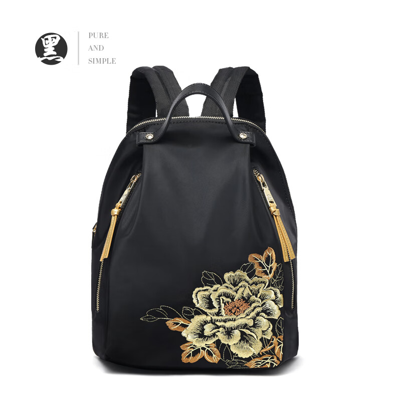 PmSix新中式牡丹绣花女包大容量双肩包中年妈妈包老年背包婆婆旅行布包 黑色-牡丹花刺绣-送礼品袋