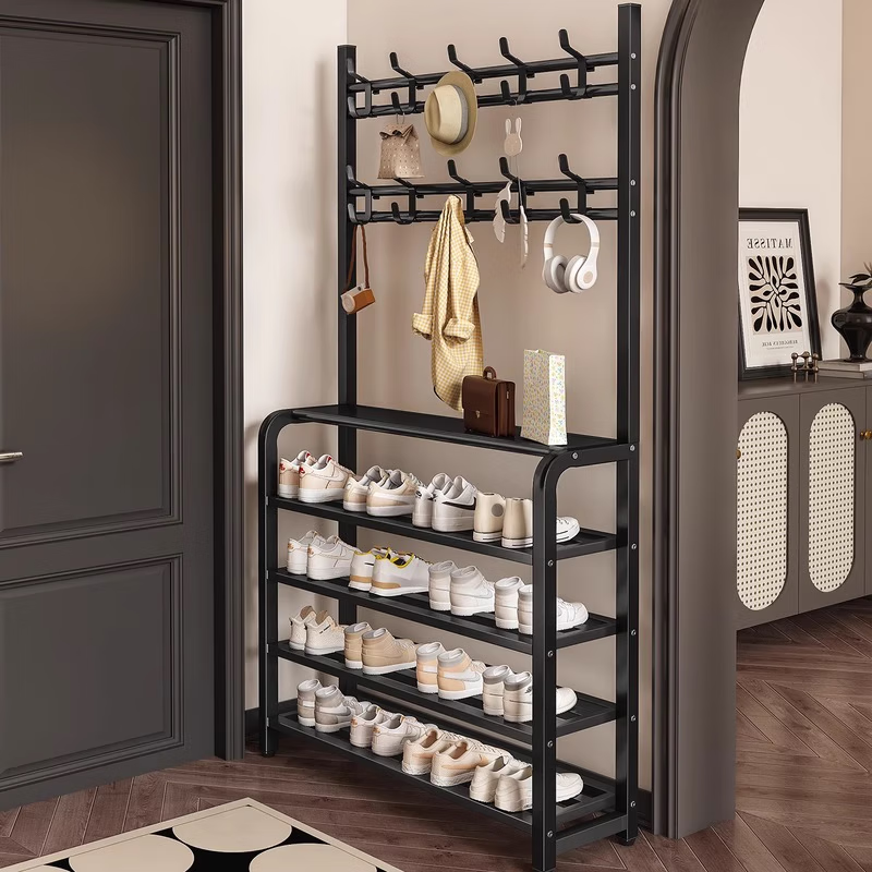 衣炫鞋架多层家用门口衣帽架入户门挂衣架一体出租房用鞋架子简易鞋柜 高级黑-5层50cm/层板款【6挂钩|升级加固】约放8双鞋