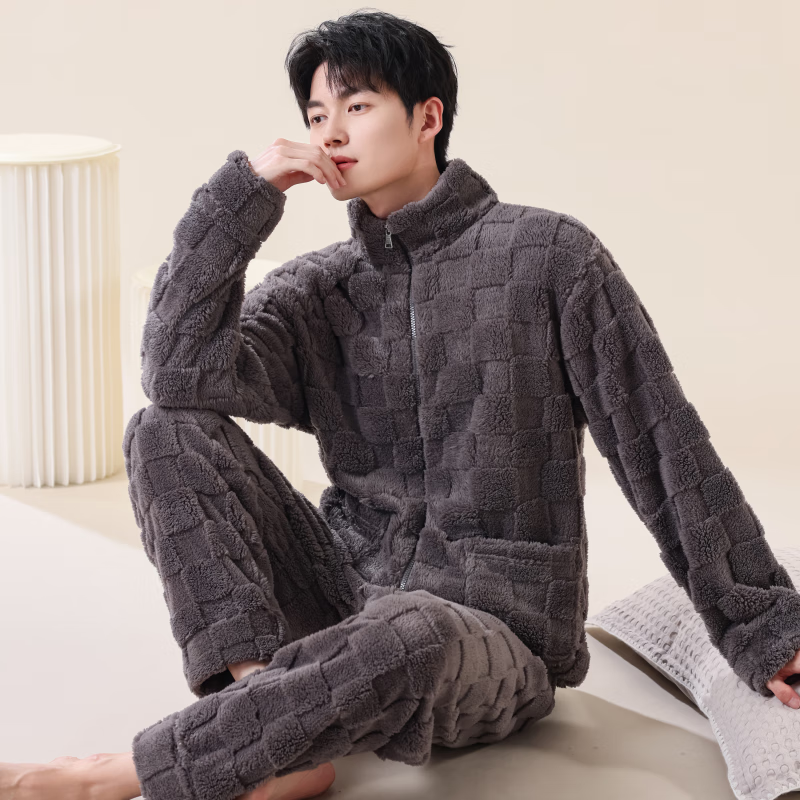 雪中飞睡衣冬季男2025年新款拉链加绒加厚珊瑚绒可外穿大码家居服套装 NSCJF-深灰方格拉链 L 【建议110-130斤】