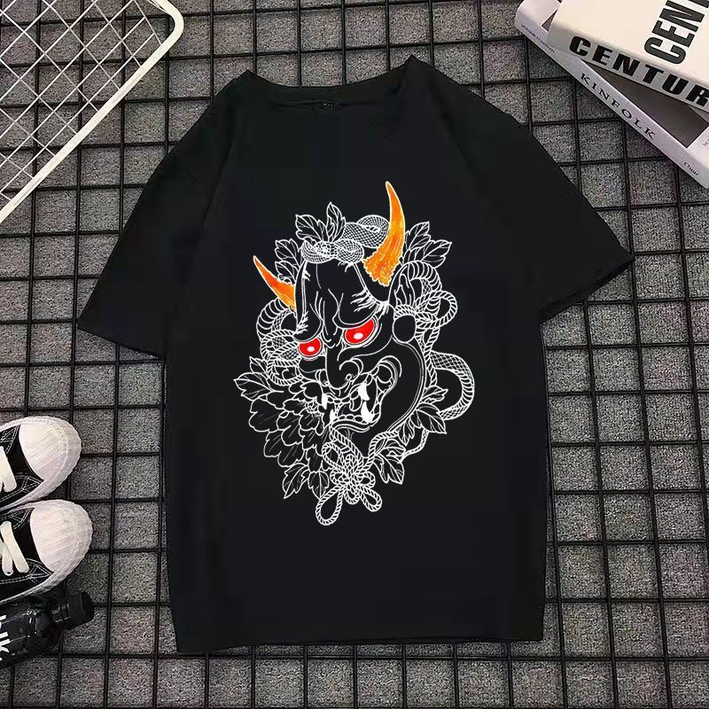 黑色纹身衣服社会纹身图案学生夏季短袖t恤男潮流衫 黑色 红眼般若 s