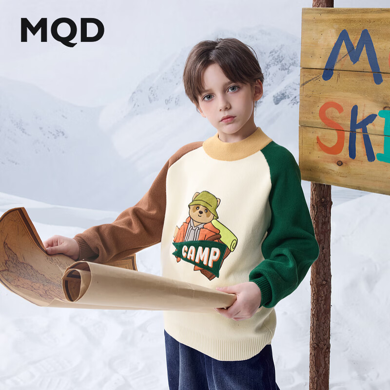 马骑顿（MQD）MQD冬季男大童学院风插肩袖撞色卡通保暖半高领毛衣 米白 150