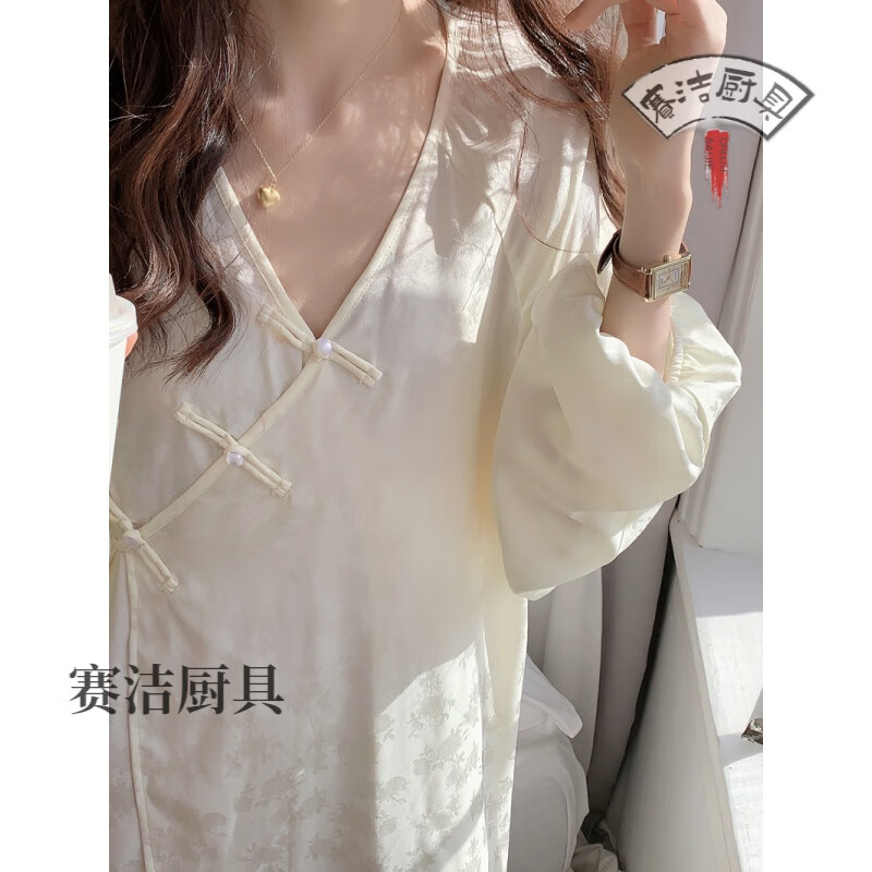 罗丽丝睡衣女秋冬国风缎面v领睡裙女春秋高感提花长袖夏季薄款 杏色 s