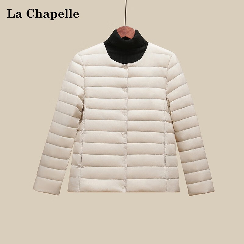 拉夏贝尔轻薄羽绒服女士短款冬季韩版修身圆领无领内胆保暖外套 米白 色 轻薄 XL (115-125斤)