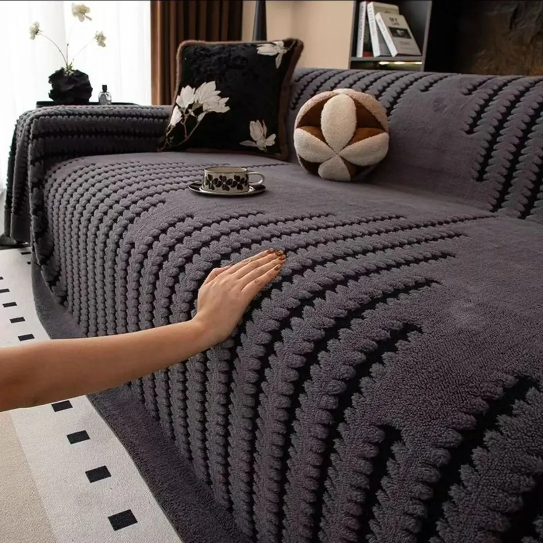 暖意绒绒云感万能全盖沙发盖四季款防滑防猫抓高级感提花毛绒套罩 卿绒星宇沙发巾- 高级灰 三人位 180*300cm【适合三人位/大双人位】