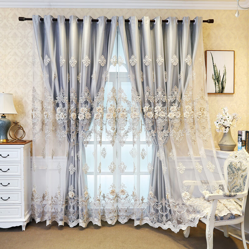贝兰蓓儿欧式浮雕窗帘 欧式大气浮雕绣花纱窗帘新款客厅卧室成品帘头双层 高雅欧式---灰色 12朵花/4米布+纱适合1.8-2.2米杆