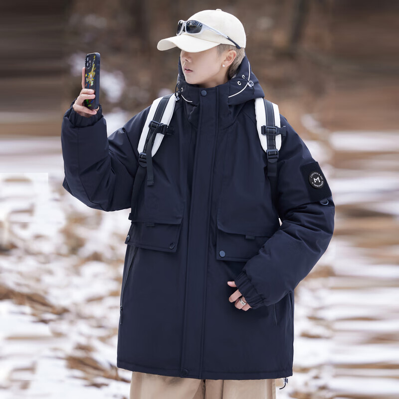 雪中飞舒适百搭男士连帽潮款羽绒服外套时尚休闲保暖防寒 黑色 2XL 185/100A