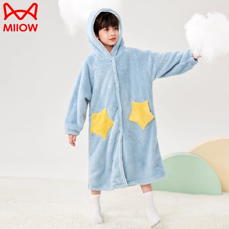 猫人（MiiOW）儿童法兰绒浴袍女童睡衣加厚宝宝睡袍珊瑚绒中大男童装秋冬季 浅粉毛巾绣浴袍 140 建议身高125-140cm